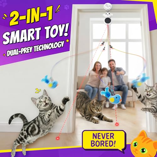 Interactive Cat Toys for Indoor Cats: 2 in 1 Laser Pointer Cat Toy with Automatic Flying Bird & Mouse Wand, Smart Motion Mode Adjustable Speed, USB Rechargeable Safe for Bored Kittens and Adult Cats