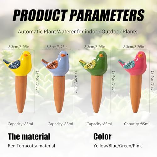 4 Pack Self Watering Bird Shaped Globes, Terracotta Vacation Planters Devices with Slow Release Automatic Watering Spikes, Plant Watering Pots for Indoor and Outdoor Potted Plant