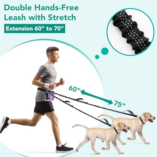 PetAmi Premium Hands Free Dog Leash for 2 Dogs, Adjustable Waist Belt Leash for Dog Walking, Fanny Pack Accessories Bag Dual Bungee Leash for