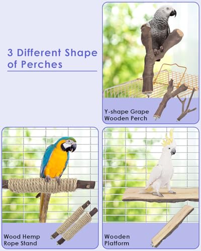 Bissap 5PCS Large Bird Perch Stand, Natural Wood Pole Standing Paw Grinding Fork Parrot Cage Branch with Rope for Macaw African Grey  Pet Medium Large Birds Cage Accessories