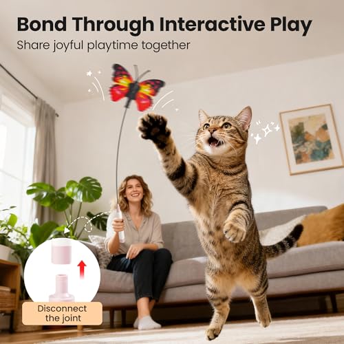 Potaroma Interactive Spinning Butterfly Cat Toy Wand – Rechargebale Electric Touch Activated Cat Teaser with Suction Cup Self-Play & Handheld Mode