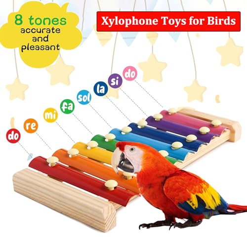Large Parrot Suspensible Xylophone Toy, Multicolored Natural Wooden Bird Chewing Toys with Grinding Stone for Large, Medium Birds, Macaws, African Grey, Cockatoos,
