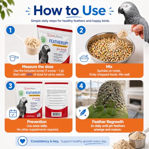 UnRuffledRx FeatherUp! Bird Molting Support & Feather Growth Supplement - for Plucking, Regrowth & Molt - Multivitamin & Amino Acids for All Birds - 90g (240 Servings)