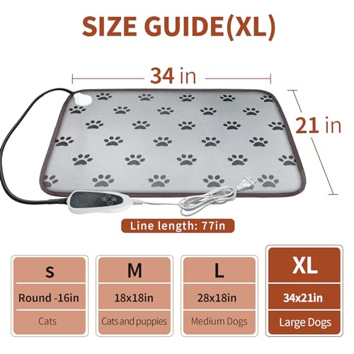 Large Dog Heating Pad 34x21in with Smart Thermostat Switch and Power Line Protection Tube,Obtained MET and UL Dual Certification,Waterproof Pet Heating pad, Suitable for Dogs of All Ages