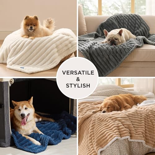 Bedsure ComfyFleece Waterproof Dog Blankets for Large Dogs - Soft Pet Cat Blanket Corduroy Fleece for Couch Bed Protector Washable, Cozy Calming Reversible Furniture Protection,50"x60", Cream