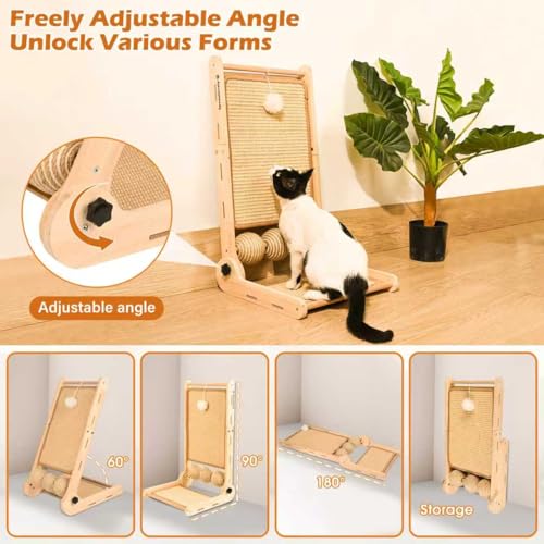 Cat Scratcher, 180°Angles Cat Scratcher, 23.6'' Cat Scratch Pad W/Toy Balls, Cat Scratch Pad for Indoor Cats Kitties, Cats Scratching Board W/Adjustable Shape,2-Sided Sisal Design