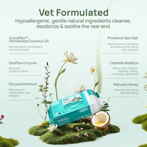 HICC PET Wipes for Dogs & Cats, Cleansing Deodorizing & Soothing Allergy Infections Anal Gland Pets Wipes with Coconut Oil - Dog Grooming Wipes for Butt and Paw - Hypoallergenic & Vet Recommended