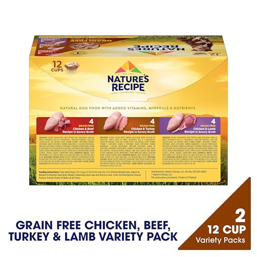 Nature's Recipe Grain Free Wet Dog Food Variety Pack, Chicken Recipes with Beef, Turkey & Lamb in Savory Broth, 2.75 oz. Cups (Pack of 12), 2 Count