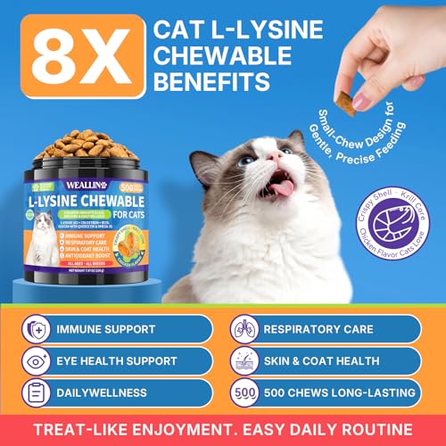 L-Lysine Chews for Cats 500 Chews, Immune & Respiratory Support Crunchy Shell with Krill Core, with Colostrum & Omega-3s for Sneezing and Runny Nose, Chicken Flavor, for All Ages & Breeds Cats