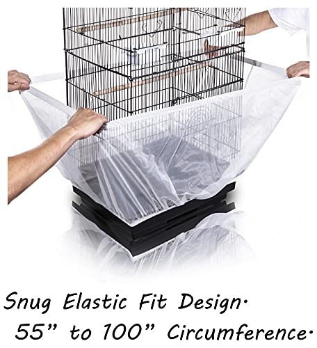 Tamu style Bird Cage Seed Catcher, Large, Stretchy Form Fitting Mesh Skirt Cover for Parrot Enclosures, Light and Breathable Fabric, Prevent Scatter and Mess, Reusable, Adjustable, Lightweight, White