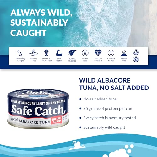 Safe Catch Canned Lowest Mercury Limit Albacore Tuna Fish No Salt Added, Wild Caught, Gluten-Free, Kosher, Keto, 5oz Can, 6-Pack