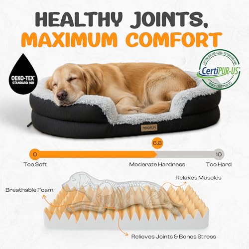Fluffy Orthopedic Dog Bed for Large & Extra Large Dogs, Calming Plush Sofa Bed with Curved Bolster Support and Egg-Crate Foam Base, 43" Cozy Oval Pet Donut Bed with Washable Cover, Gray