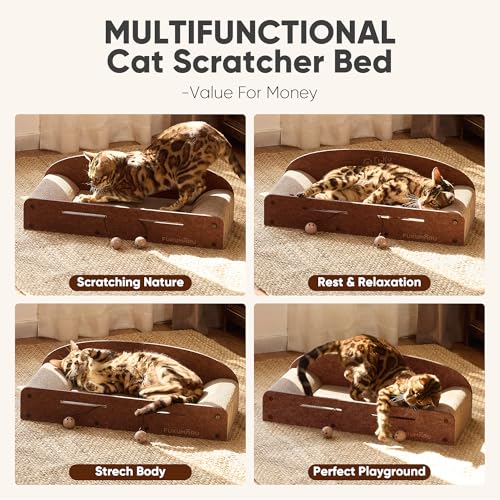 FUKUMARU 26 Inch Cat Scratcher Bed, 2 Reversible Cardboard Cat Scratch Pads Refill for Indoor Cats, Durable Large Cats Scratching Bed Sofa Couch Lounger with Fun Toys, Furniture Protector, Caramel
