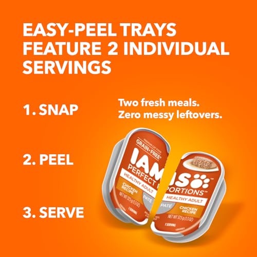 IAMS Perfect Portions Healthy Adult Grain Free Wet Cat Food Pate, Chicken Recipe, 2.6 oz. Easy Peel Twin-Pack Trays (24 Count, 48 Servings)