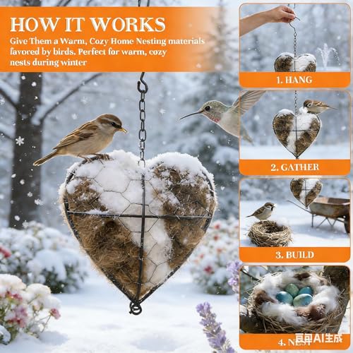 2026 new Handmade Alpaca Fiber Bird nest Heart, Bird nest Material Frame, Winter Wild Bird Tree House, Hummingbird nest Box Outdoor Garden Art Bird House, a Gift for Bird Lovers. (1pc)