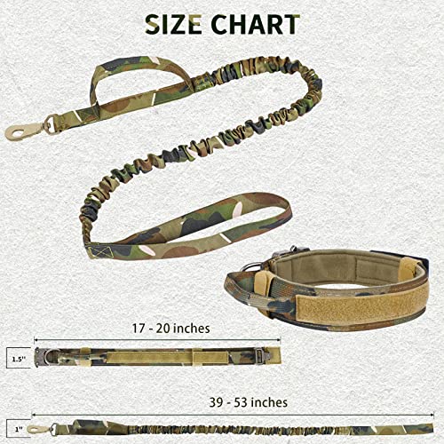 Tactical Dog Collar and Bungee Leash, Camo Military Dog Collar & Leash Set with USA American Flag Adjustable K9 Collar with Heavy Duty Metal Buckle