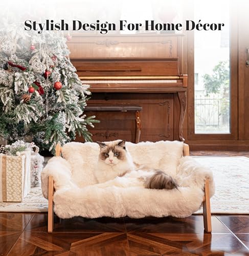 CHEERHOME PETS Elevated Cat Couch Bed for Indoor Cats, Wooden Cat Sofa with Removable Washable Fluffy Cover Raised Kitty Lounge Chair Suitable for Puppy(Cat Sofa Off-White)