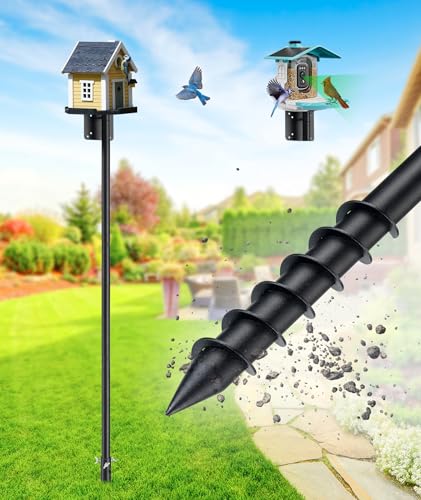 Heavy Duty Bird Feeder Pole - 60 Inch Adjustable 1 Inch Metal Bird House Pole with 14” Deep Auger Base | Outdoor Mount Kit for Bluebird Houses, Hummingbird Feeders, Smart Bird Feeder with Camera