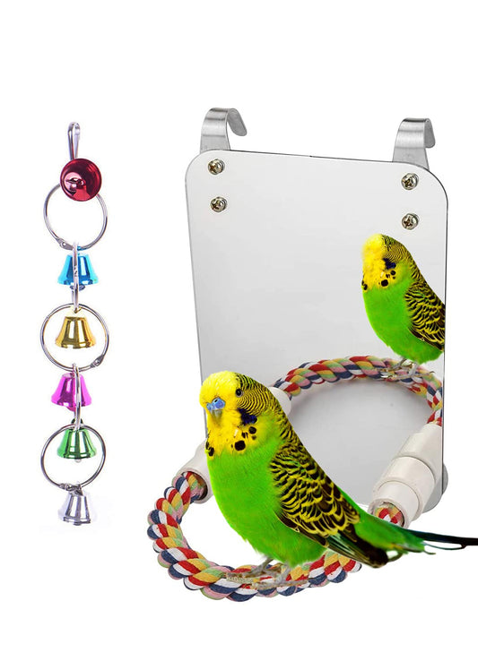 7" Bird Mirror with Rope Perch Bird Toys Swing, Comfy Perch for Greys s Parakeet Cockatiel Conure Lovebirds Finch Canaries