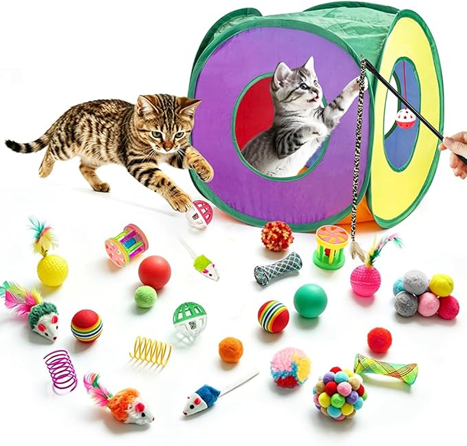 Retro Shaw 33 Pack Cat Toys for Indoor Cats, Collapsible Kitty Tunnel Tent with Feather Teaser Wand, Springs Balls Bell Mouse Interactive Kitten