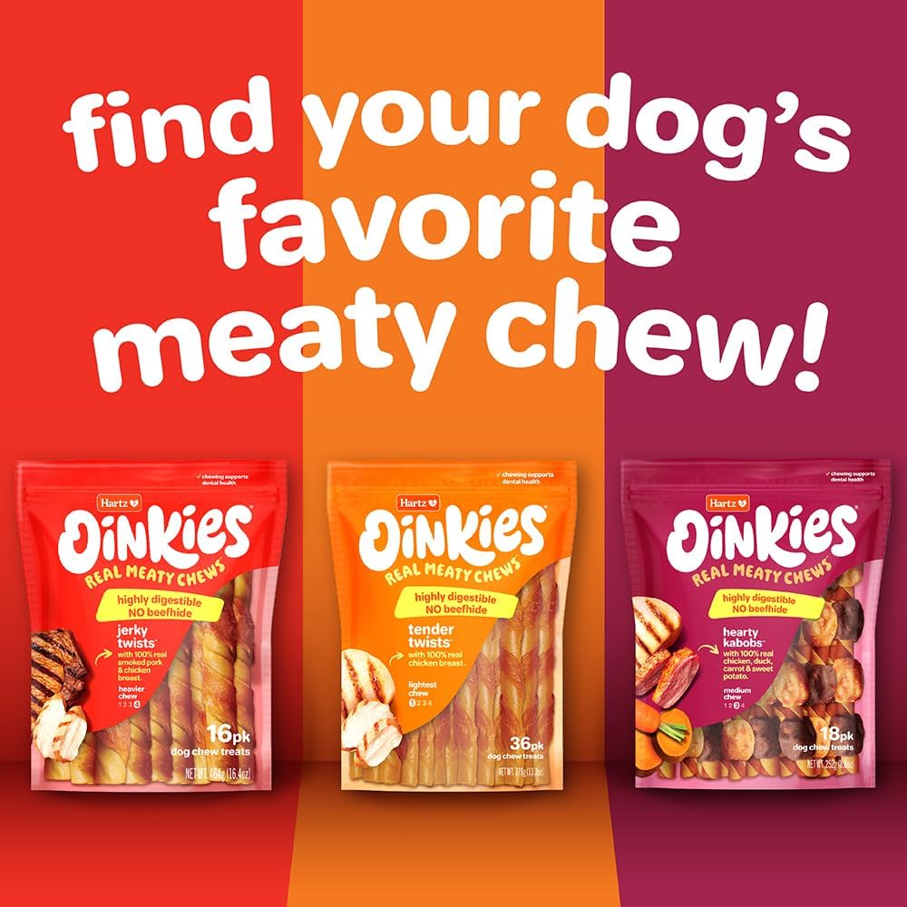 Hartz Oinkies Hearty Kabob Dog Treats with 100% Real Chicken, Duck, Sweet Potato & Carrot, Rawhide-Free, Natural Dog Treats, Highly Digestible Long Lasting Chews, 18 Count
