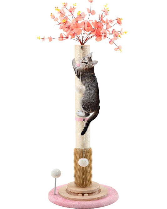 45'' Tall Cat Scratching Post,3.5Inch Diameter Sisal Rope Scratching Post for Indoor Cats Adults Kittens,Cat Scratcher with Interactive Ball Toys Self Groomer Brush for Large Cats (pink-45inch)