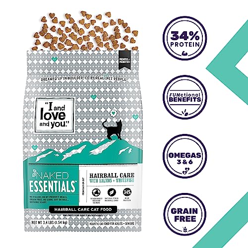 I AND LOVE AND YOU Naked Essentials Dry Cat Food - Salmon + Whitefish for Hairball Care - Grain Free, Real Meat, No Fillers, 3.4lb Bag