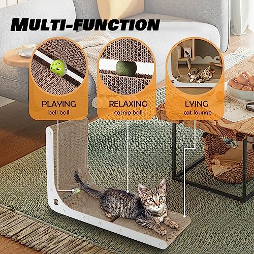 Cardboard Cat Scratcher, Vertical Cat Scratching Board, 23.6 Inch L-Shape Cat Scratch Pads with Built-in Catnip Toy Balls, Wall-Mount Cat Scratchers for Indoor Cats