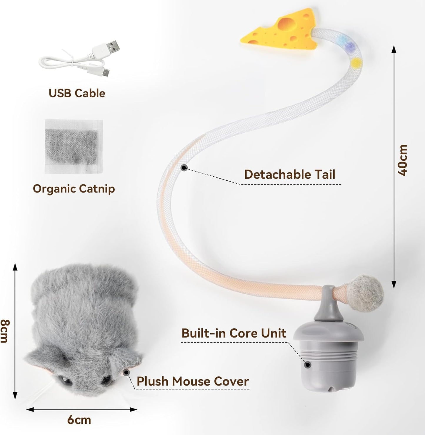 Migipaws Interactive MigiMouse Cat Toy 360° Rolling & Spin with Wiggling Tail for Indoor Cats Smart Motion Sensor, Realistic Squeak, Rechargeable Plush Kitten Toy(Grey)