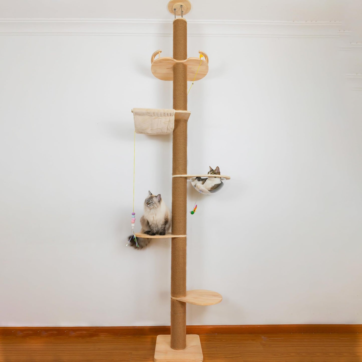 Floor to Ceiling Cat Tree Height (50-120.5in) Adjustable Cat Tower 5 Tier Hemp Scratching Post High Cat Tree Sturdy Activity Tree Indoor Outdoor Cat Scratching Post Activity Center