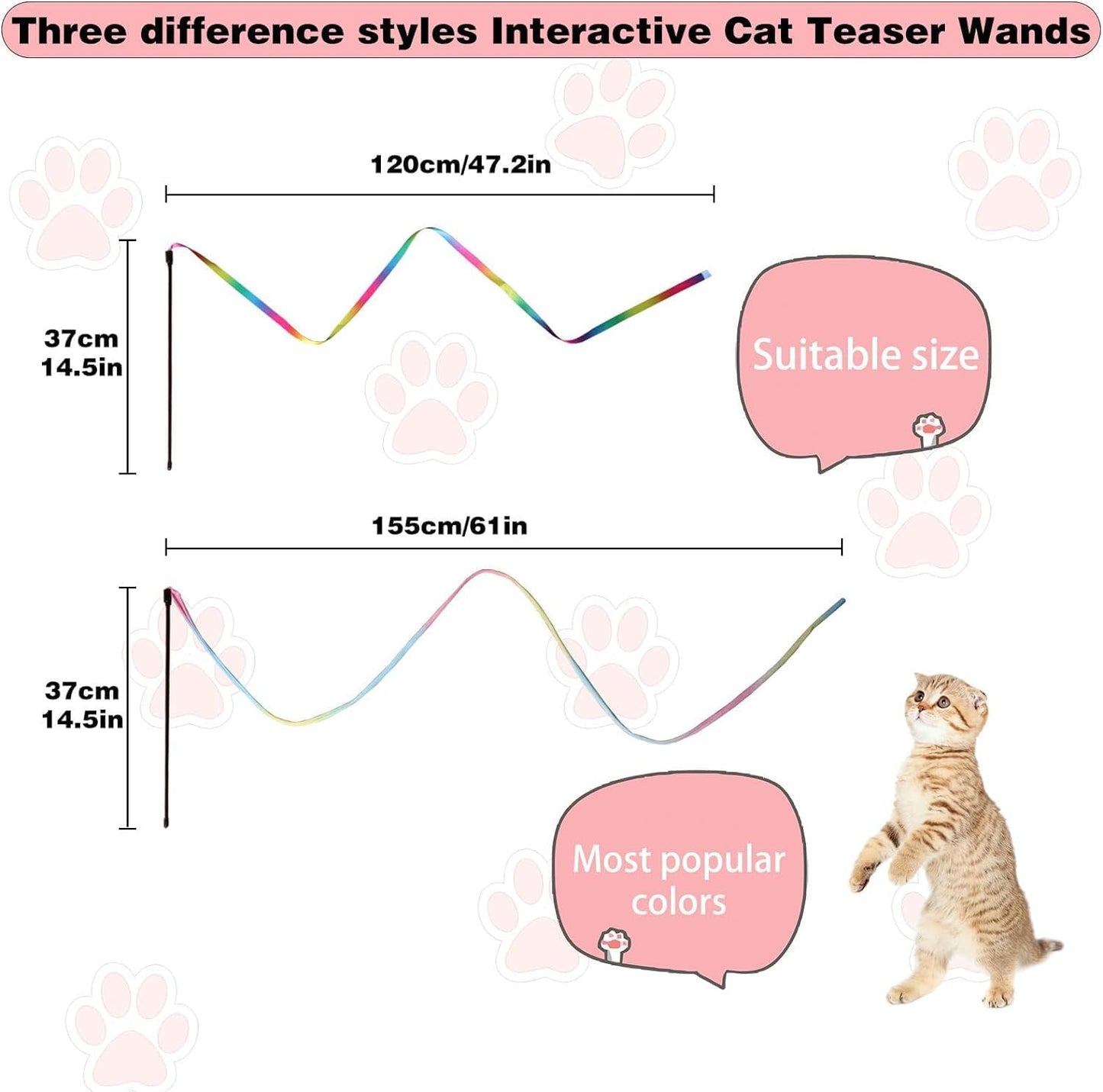 M JJYPET Cat Wand Toys Interactive Kitten Toys for Indoor Cats Colorful Teaser Wand String for Exercise Kitten Stick Kitty Rope Toy Rainbow Ribbon Cat Charmer -2Pcs