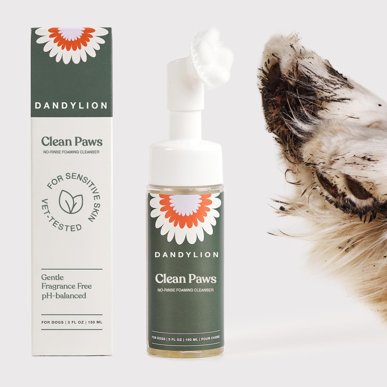 Dandylion Dog Paw Cleaner, Clean Paws, Dog Paw Washer, No Rinse Foam Cleaner for Dogs, Fragrance Free pH Balanced Foaming Washer with Silicone Brush, Pet Cleaning Supplies, 5 fl oz
