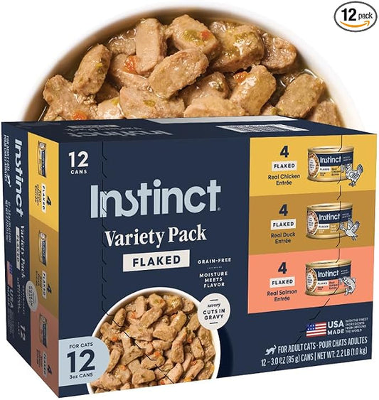Instinct Flaked Entrees in Gravy, Wet Canned Cat Food, Grain-Free - Variety Pack, 3 oz. Cans (Pack of 12)