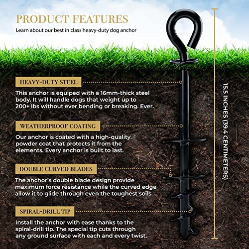 ROYAL-PAW Dog Tie Out Stake - for Large Dogs up to 210 lbs - Heavy Duty Dog Stake for Yard, Beach & Camping Outside - Best in Ground Anchor for a Dog Cable, Leash, Lead Tether (1, Midnight Black)
