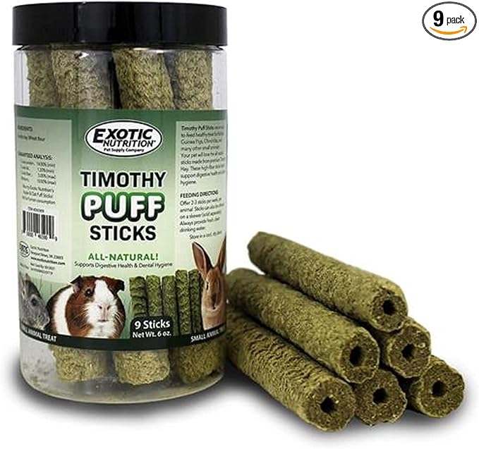 Timothy Puff Sticks - Healthy Natural Timothy Hay Chew Treat - High Protein, High Fiber - Guinea Pigs, Rabbits, Chinchillas, Prairie Dogs, Degus, Hamsters, Rats, Tortoises & Other Herbivores