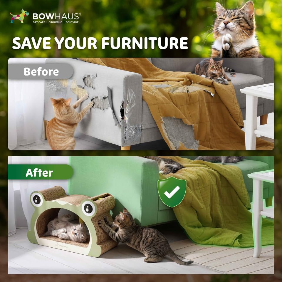 BOWHAUS Frog Style Cat Scratching Board, Cat Scratcher Lounger with Play Ball for Indoor Cat, Durable & Long-Lasting Scratching Board Cardboard