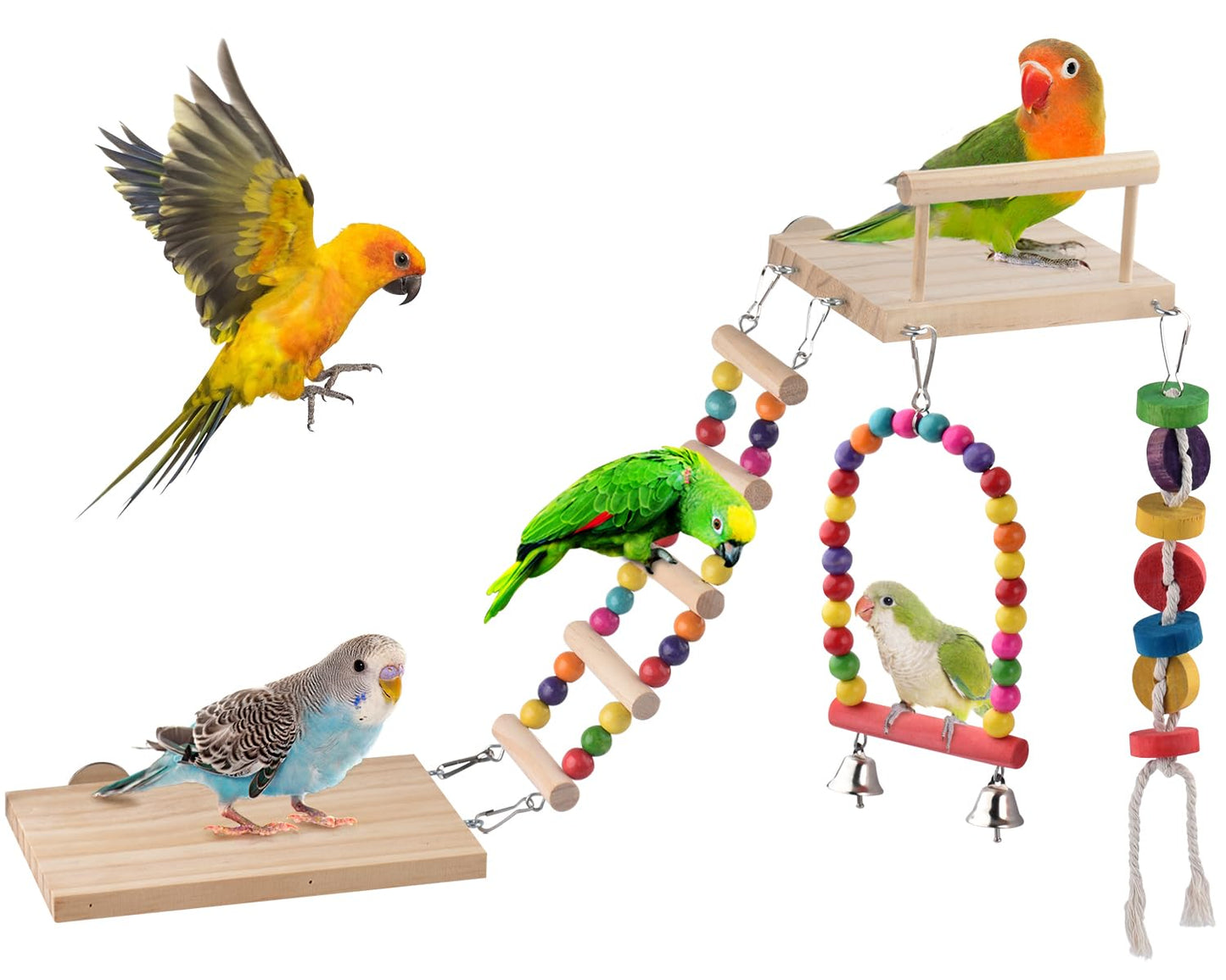 5in1 Bird Parakeet Toys, Detachable Birdie Perches Platform Swing with Climbing Ladder, Parrot Cage Stand Accessories, Wooden Playing Gyms for Conure Cockatiel Lovebird Finch Budgerigar Pigeon