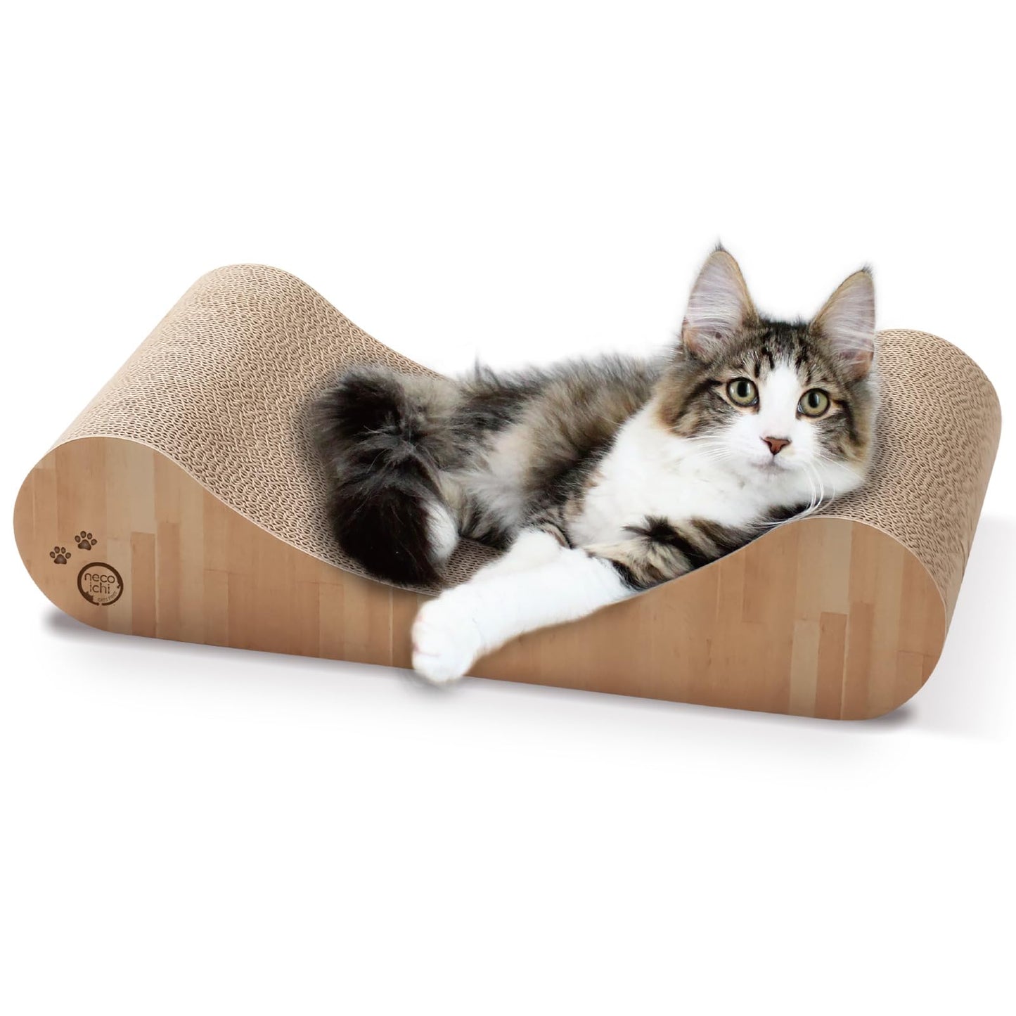 Necoichi Cardboard Cat Scratcher Bed for Indoor Cats - Cat Scratching Board, Horizontal Cat Scratch Pad Lounger with Reversible Usability and Extra Comfort for Lounge, Curved (18" Regular, Oak)