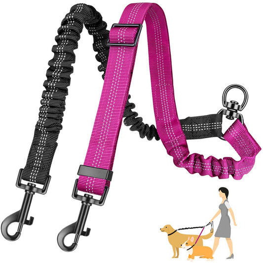 AUTOWT Two Dog Lead, 2 in 1 Upgraded Double Dog Leash Attachment Combine Adjustable Strap and Shock Absorbing Bungee No Tangle Dual Training Splitter