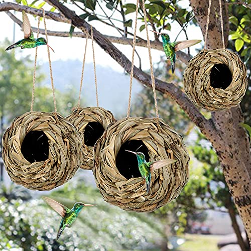 winemana 4 Pack Hanging Bird Nest House for Outside, Ball Shape, Hand Woven, Durable Sturdy, Made of Natural Grass, Perfect for Garden Patio Lawn Office Indoor