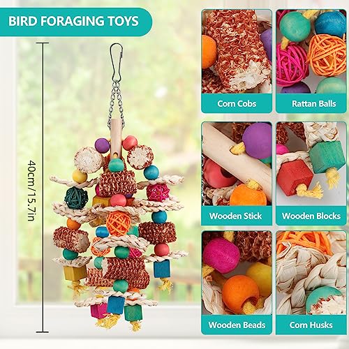 lovyoCoCo Parrot Toys Bird Toys Natural Corn Cob Bird chew Toys for Small and Medium-Sized Macaws,African Grey,Cockatoos, Parrots,Parakeet,Cockatiel,Sun Conure, Lovebird with Wooden Blocks