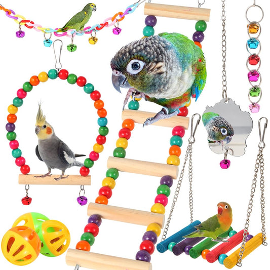 Bird Toys for Parakeets, Parrots, Conures, Cockatiels, Love Birds, Finches, Mynah, Budgerigar - 9Pcs Wooden Ladder Bridge, Swing, Hammock, Cage Accessories