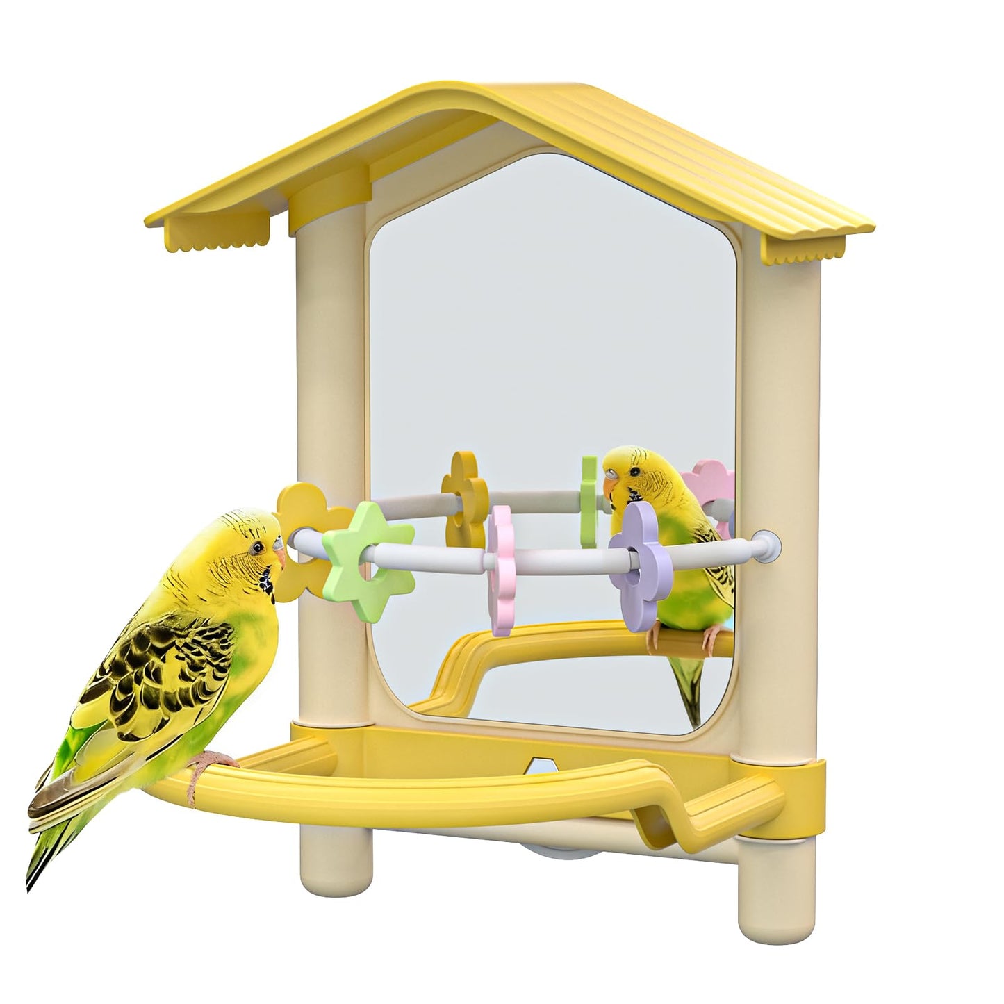 8.1 Inch Pet Bird Mirror with Perch Stand and Parakeet Chew Toys,Parrot Toys Bird Cage Decorative Accessory, Helps Birds Release Stress for Canaries Budgies Lovebirds Conures Cockatiels (Yellow)