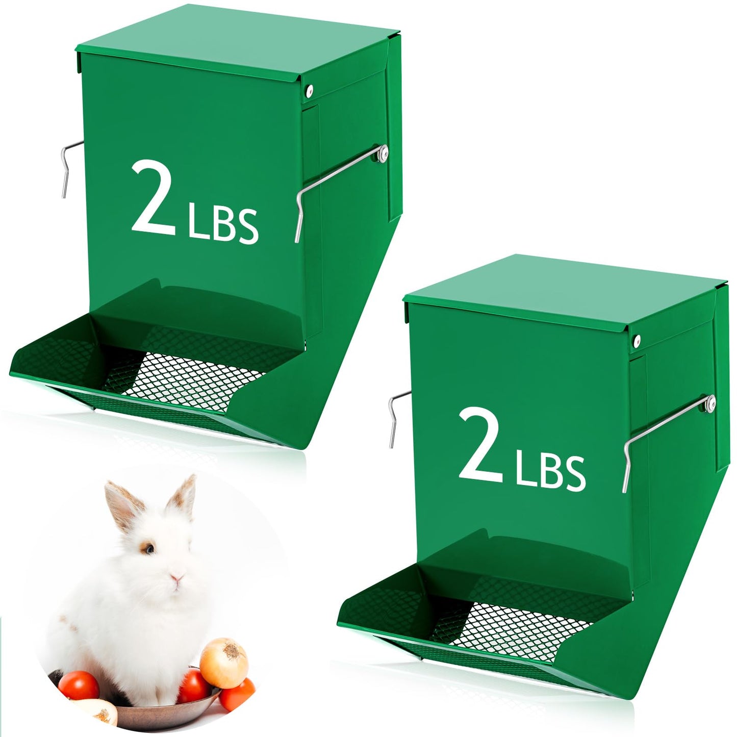 Maxcheck 2 Pcs Rabbit Feeder for Cages Small Animal Food Pellet Dispenser with Lid Metal Chicken Grit Oyster Shell Squirrel Feeders Outside(4.7 Inches,Mesh Bottom,Green)