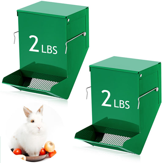 Maxcheck 2 Pcs Rabbit Feeder for Cages Small Animal Food Pellet Dispenser with Lid Metal Chicken Grit Oyster Shell Squirrel Feeders Outside(4.7 Inches,Mesh Bottom,Green)