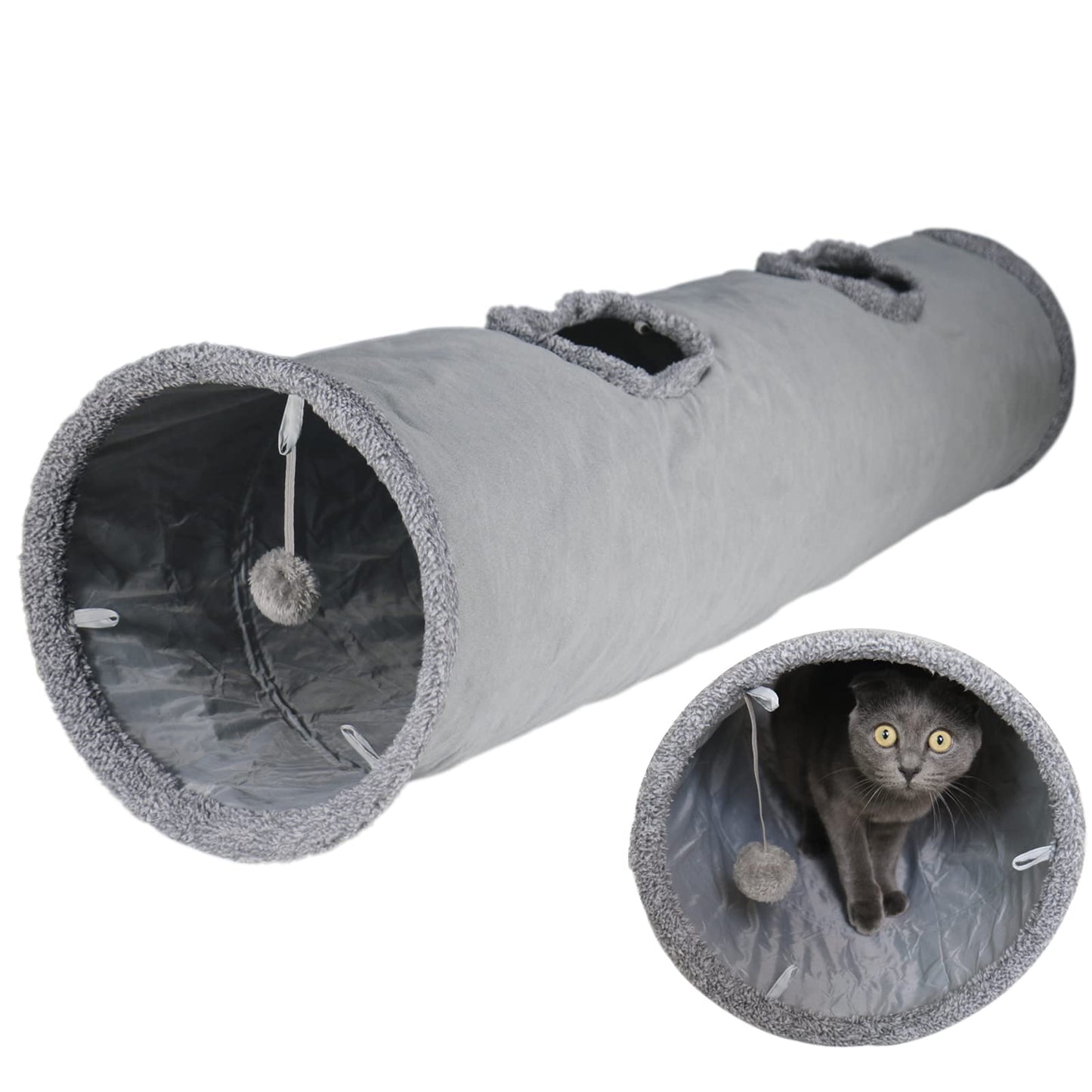 Cat Tunnel for Indoor Cats, 51×12 inch Foldable Big Cat Tunnel, Grey Suede Pet Tunnels with Two Peepholes and a Bubble Ball