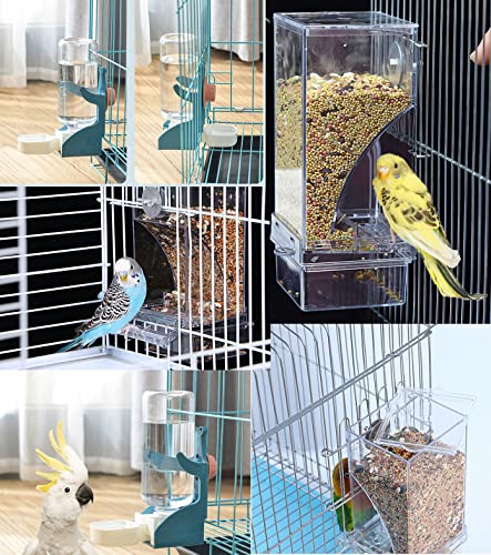 Kenond No Mess Bird Feeder Water Dispenser Set, Automatic Parrot Feeder Cage Accessories, Clear Parakeet Seed Container Food Drinker for Cage, Cockatiel Finch Lovebirds Budgies Canary (Blue)