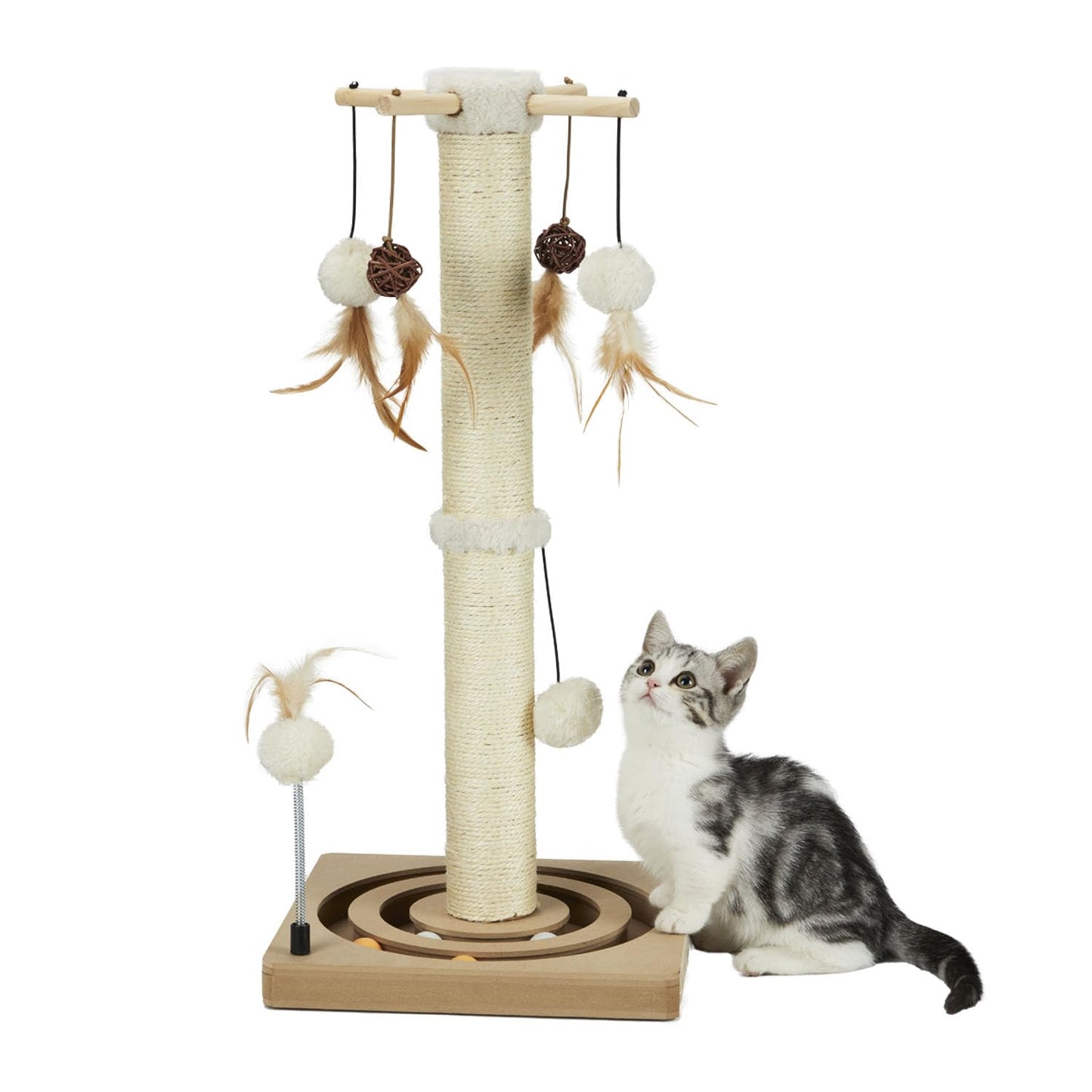 PEEKAB Cat Scratching Post Sisal Scratch Posts for Indoor Cats and Kittens,with Tracking Ball Interactive Toys and Hanging Balls 25 Inches Beige