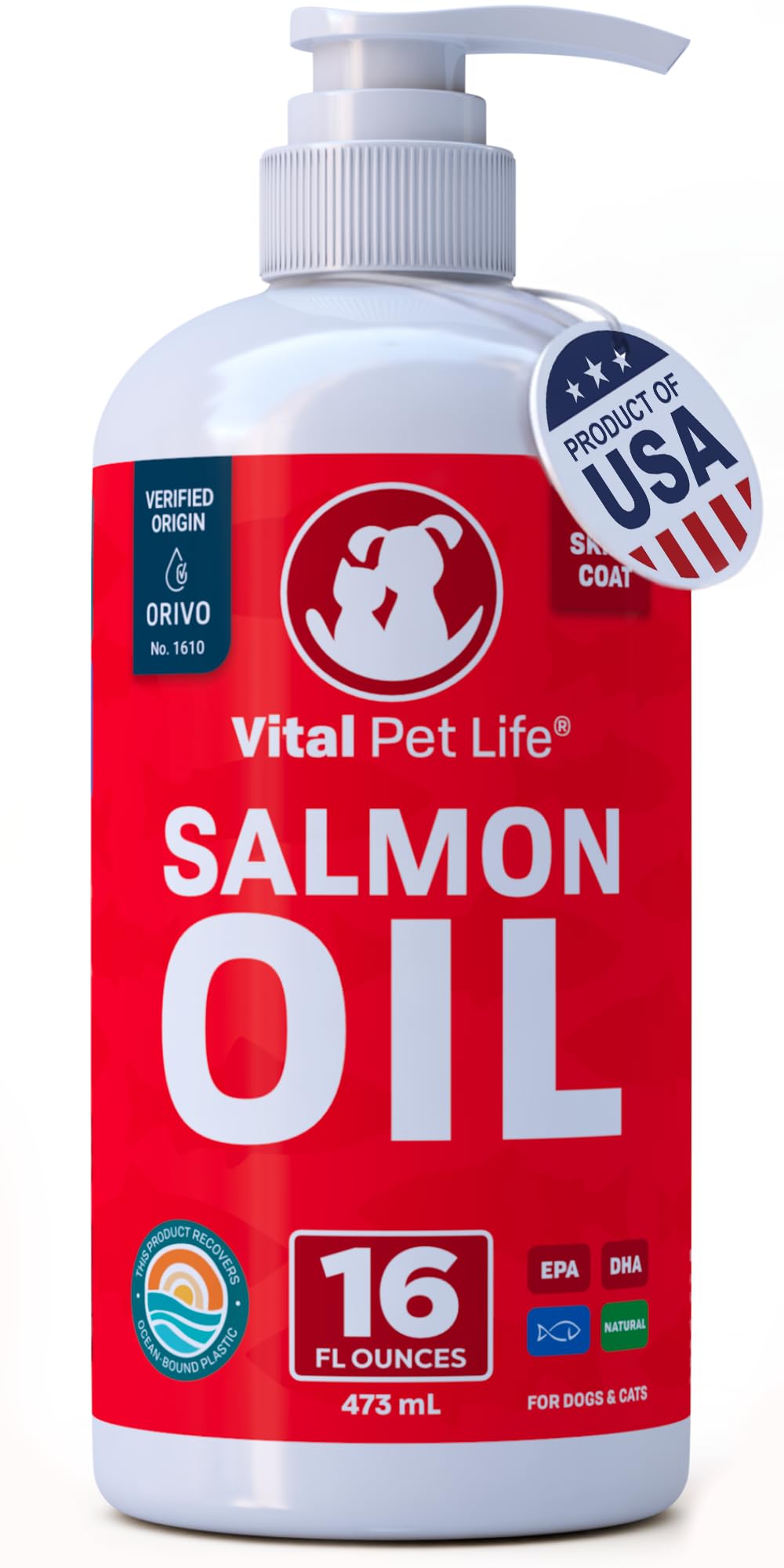 Salmon Oil for Dogs & Cats - Healthy Skin & Coat, Fish Oil, Omega 3 EPA DHA, Liquid Food Supplement for Pets, Supports Joint & Bone Health, Natural Allergy & Inflammation Defense, 16 oz