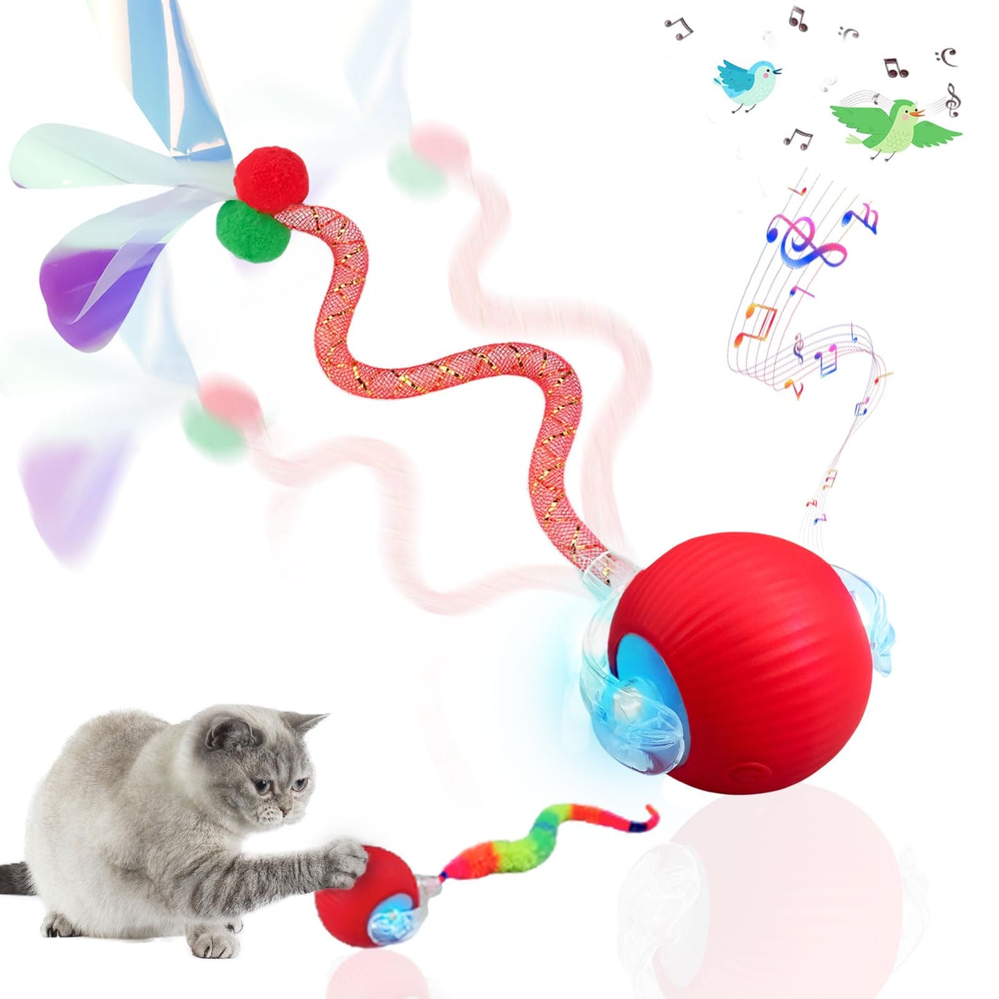 Interactive Cat Toys for Indoor Cats, Speedy Tail Cat Ball | 300mAh High-Capacity Battery, Controllable Chirping, Smart Electric Motion, Interactive